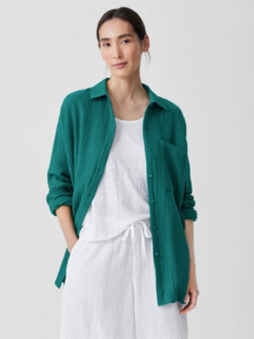 Eileen Fisher Organic Cotton Lofty Gauze Classic Collar Long Shirt